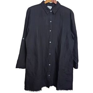 Tommy Bahama Sz Large St. Lucia Girlfriend Black Linen Shirt Roll Tab Sleeves